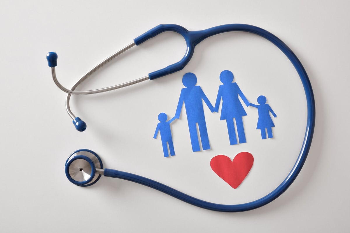Medical care concept with stethoscope and paper family cutouts